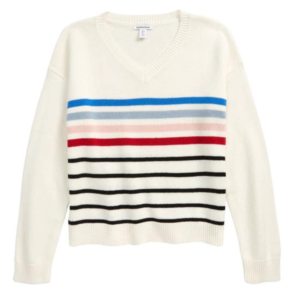 NWT Nordstrom Kids' Stripe Boxy V-Neck Sweater organic Cotton Sz M (Big Girl)